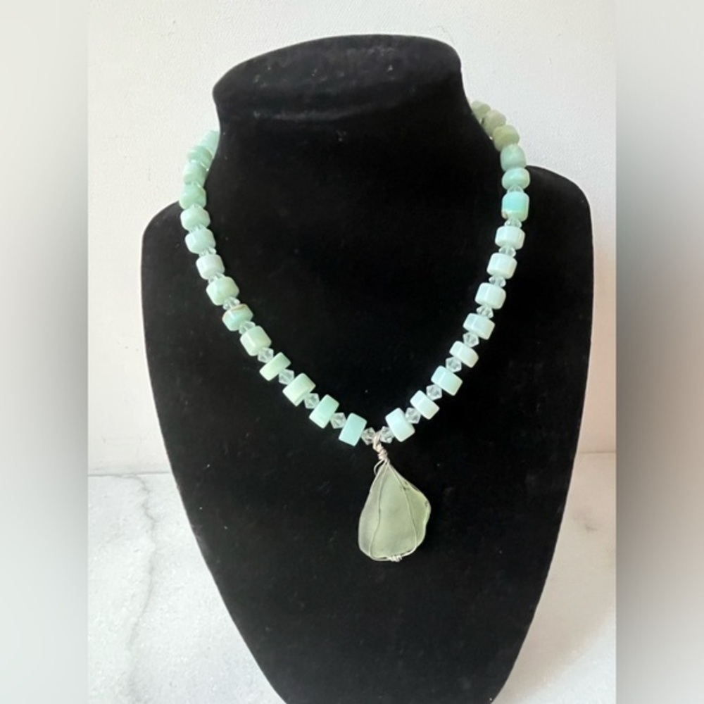 Light Green Opalite Necklace With Sea Glass Pendant 18”